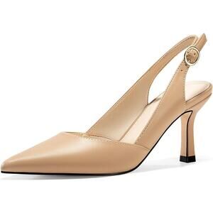 New Rilista Womens Size 6.5 Tan Slingback 3" Kitten Heel Closed Pointy Toe Shoes